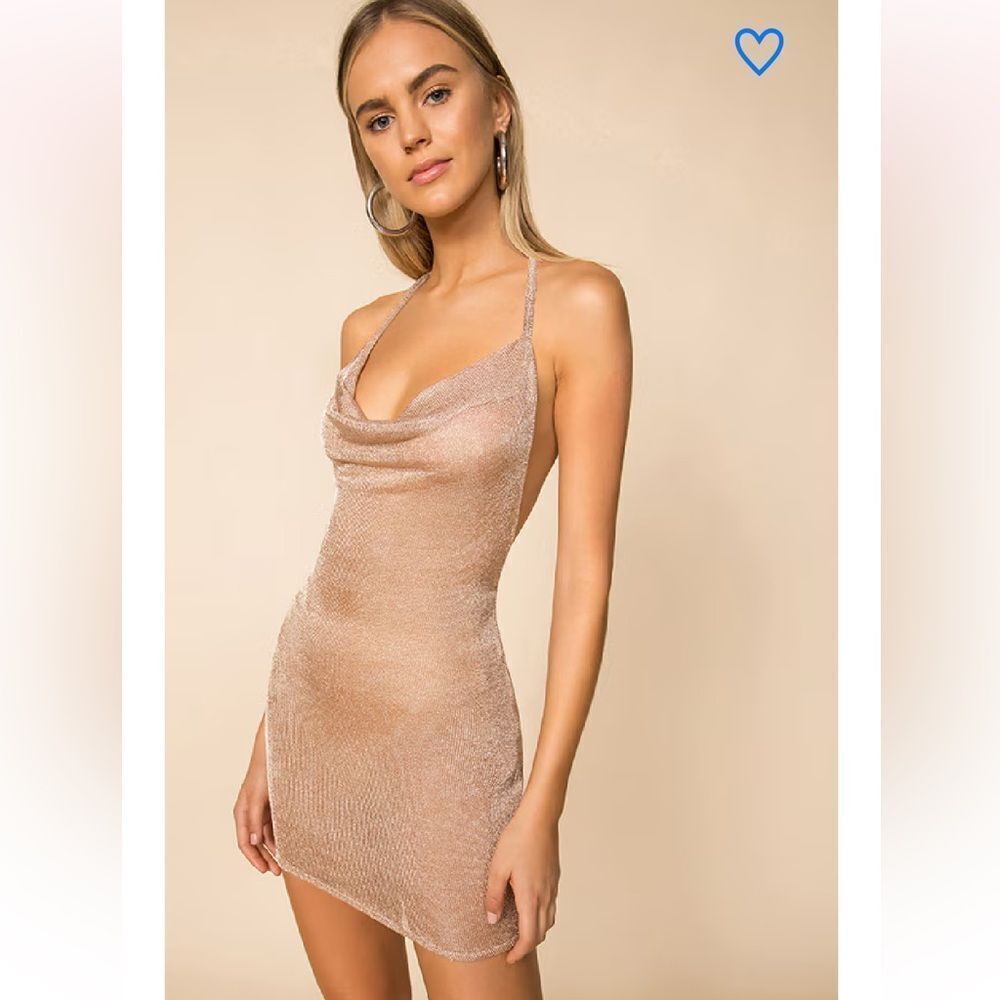 NWT Superdown Brina rose gold mini dress knit sheer halter Revolve M